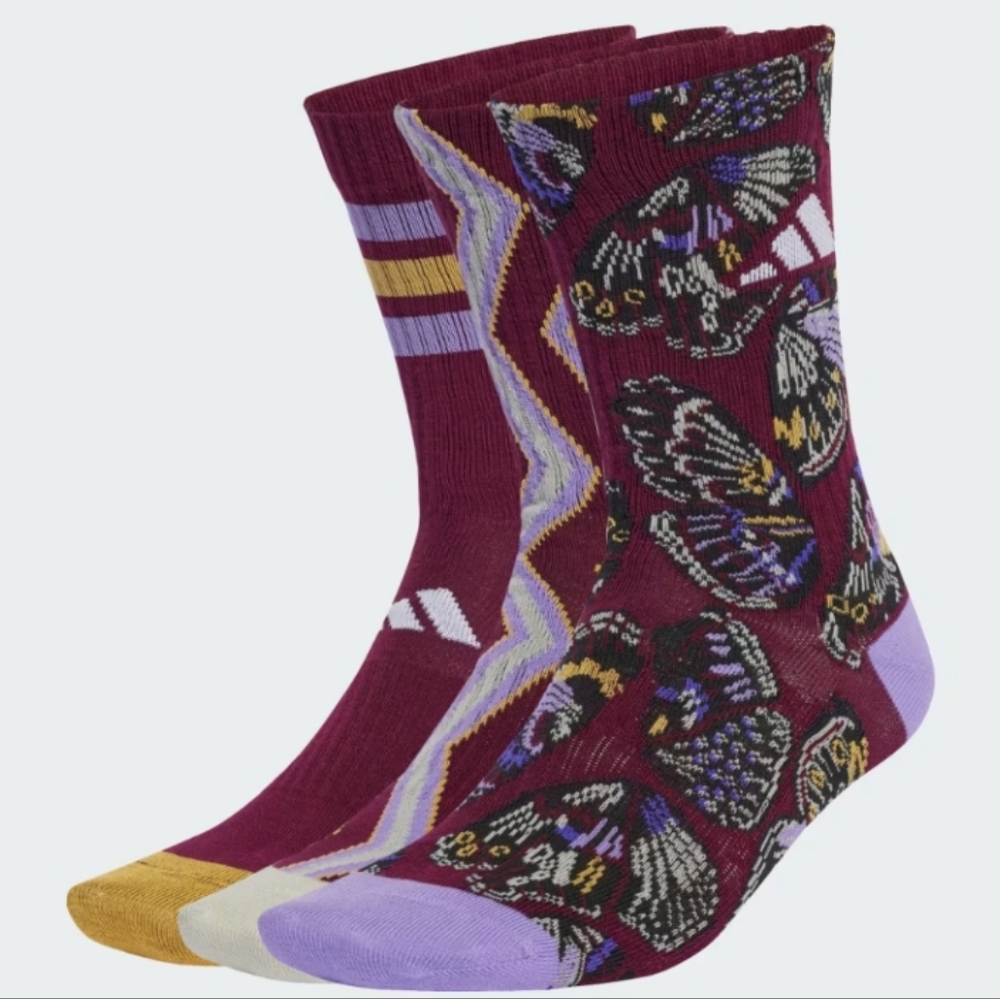 NWT FARM Rio Adidas Collab 3 Pack Multicolor Butterfly Print Crew Socks Size S